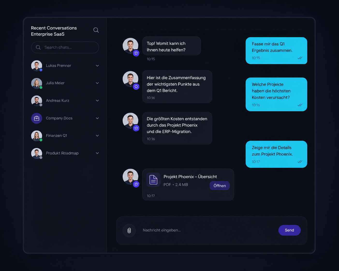 FirmenKI Chat-Interface mit Konversationsverlauf und KI-Antworten